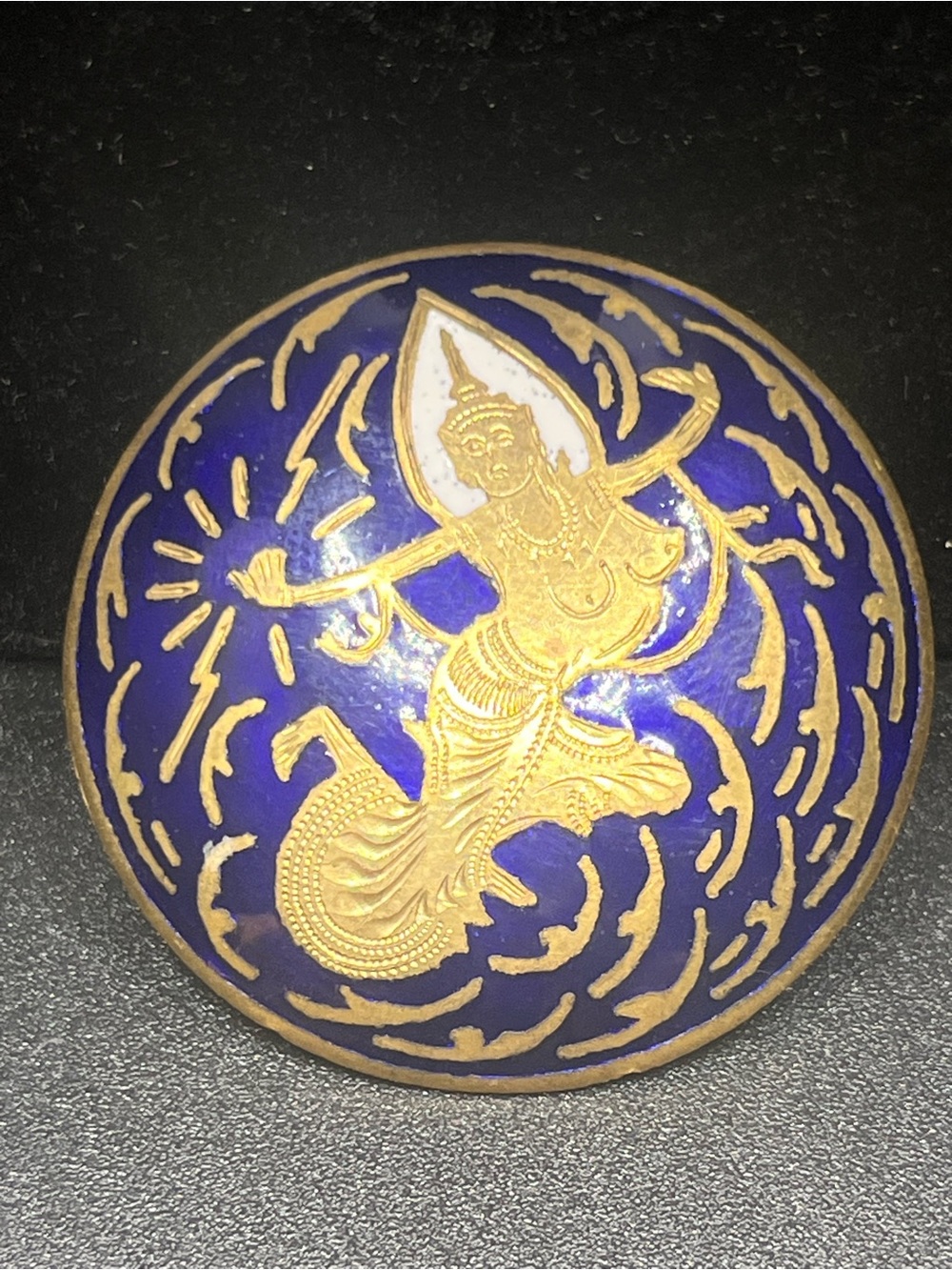 Vintage Siam Thai Mekkala Goddess Blue Enamel Gold Tone Brooch